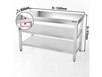 Stół roboczy PREMIUM ze stali nierdzewnej - 1500x800 mm - z półką dolną i półką pośrednią