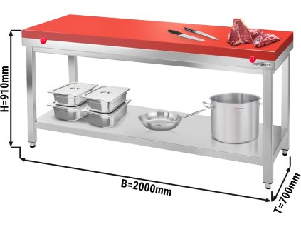 Stół roboczy ze stali nierdzewnej PREMIUM - 2000x700 mm - z półką dolną bez panelu tylnego, włącznie z płytą do cięcia