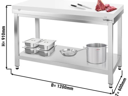 Stół roboczy ze stali nierdzewnej PREMIUM - 1200x600 mm - z półką dolną bez panelu tylnego , włącznie z płytą do cięcia