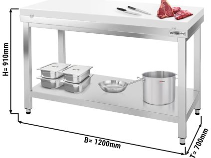 Stół roboczy ze stali nierdzewnej PREMIUM - 1200x700mm - z półką dolną bez panelu tylnego, włącznie z płytą do cięcia