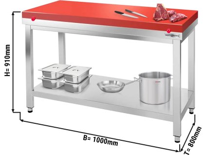 Stół roboczy ze stali nierdzewnej PREMIUM - 1000x800mm - z półką dolną bez panelu tylnego, włącznie z płytą do cięcia