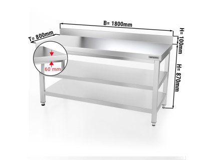 Stół roboczy PREMIUM ze stali nierdzewnej - 1800x800 mm - z półką dolną, panelem tylnym i półką pośrednią