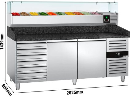 Stół chłodniczy do pizzy PREMIUM - 2000x800mm - z 2 drzwiami i 7 szufladami - z witryną chłodniczą nadstawną - 10x GN 1/4