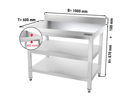 Stół roboczy PREMIUM ze stali nierdzewnej - 1000x600 mm - z półką dolną, panelem tylnym i półką pośrednią