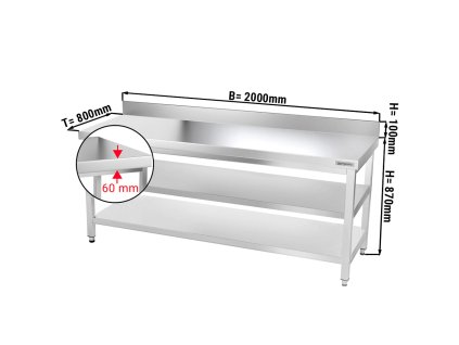 Stół roboczy PREMIUM ze stali nierdzewnej - 2000x800 mm - z półką dolną, panelem tylnym i półką pośrednią