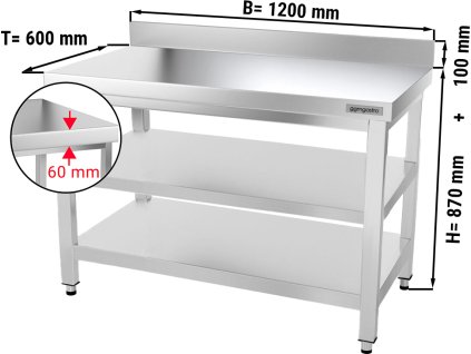 Stół roboczy PREMIUM ze stali nierdzewnej - 1200x600 mm - z półką dolną, panelem tylnym i półką pośrednią