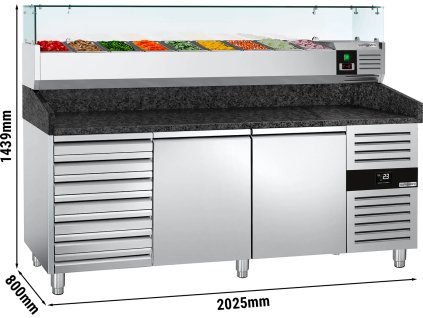 Stół chłodniczy do pizzy PREMIUM - 2000x800mm - z 2 drzwiami i 7 szufladami - z witryną chłodniczą nadstawną - 9x GN 1/3