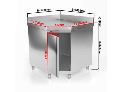 Narożna szafka robocza PREMIUM ze stali nierdzewnej z drzwiami skrzydłowymi & panelem tylnym 1000x700 mm