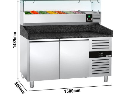 Stół chłodniczy do pizzy PREMIUM - 1500x800mm - z 2 drzwiami - włącznie z witryną chłodniczą nadstawną - 7x GN 1/4