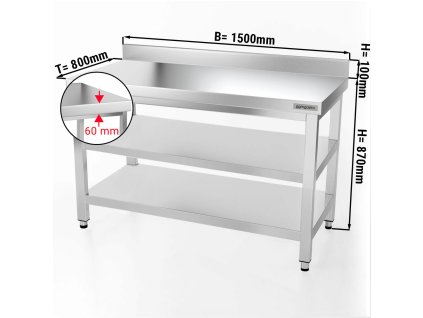 Stół roboczy PREMIUM ze stali nierdzewnej - 1500x800 mm - z półką dolną, panelem tylnym i półką pośrednią