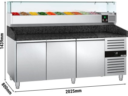 Stół chłodniczy do pizzy PREMIUM - 2000x800mm - z 3 drzwiami - włącznie z witryną chłodniczą nadstawną - 10x GN 1/4