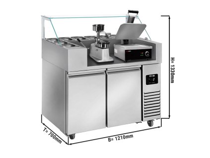 Stół przygotowawczy - 1210 mm - dla 9x GN 1/6 - 2 drzwi - włącznie z grillem kontaktowym i maszyną do hamburgerów