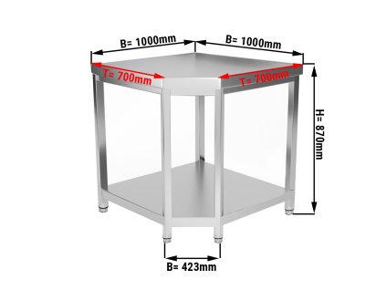 Narożny stół roboczy PREMIUM ze stali nierdzewnej - 1000x700 mm - z półką dolną bez panelu tylnego