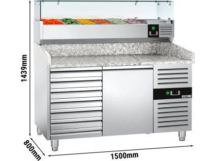 Stół chłodniczy do pizzy ECO - 1500x800mm - z 1 drzwiami i 7 szufladami - włącznie z witryną chłodniczą nadstawną - 6x GN 1/3