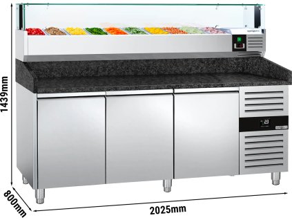 Stół chłodniczy do pizzy PREMIUM - 2000x800mm - z 3 drzwiami - włącznie z witryną chłodniczą nadstawną LED - 10x GN 1/4