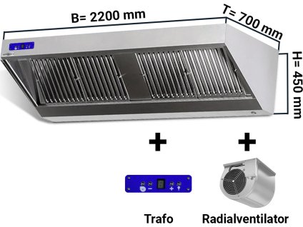 Okap ścienny - 2.2 m - z silnikiem, regulatorem, filtrem i lampą