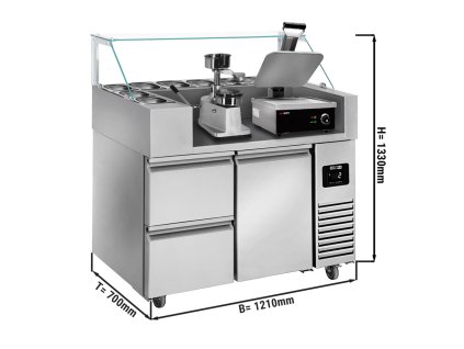 Stół przygotowawczy - 1210 mm - dla 9x GN 1/6 - 1 drzwi i 2 szuflady - włącznie z grillem kontaktowym i maszyną do hamburgerów