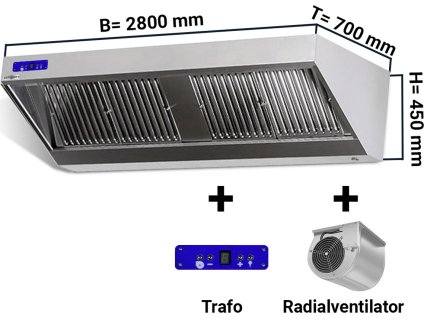 Okap ścienny - 2.8 m - z silnikiem, regulatorem, filtrem i lampą