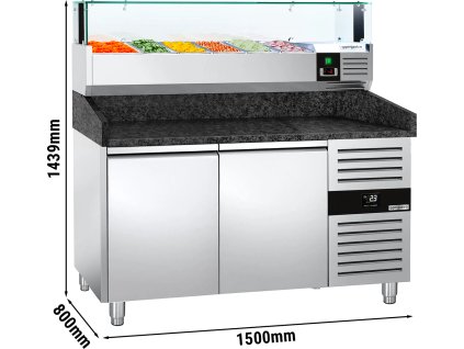 Stół chłodniczy do pizzy PREMIUM - 1500x800mm - z 2 drzwiami - włącznie z witryną chłodniczą nadstawną LED - 5x GN 1/3 + 1x GN 1/2