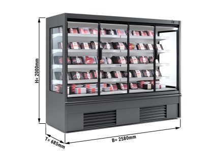 Półka chłodnicza naścienna - 2580 mm - 910 litrów - z oświetleniem LED, izolowanymi szklanymi drzwiami & 4 półkami