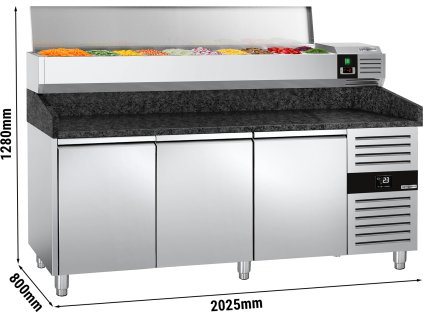Stół chłodniczy do pizzy PREMIUM - 2000x800mm - z 3 drzwiami - włącznie z witryną chłodniczą nadstawną - 10x GN 1/4