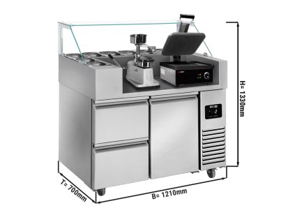 Stół przygotowawczy - 1210 mm - dla 9x GN 1/6 - 1 drzwi i 2 szuflady - włącznie z grillem kontaktowym i maszyną do hamburgerów