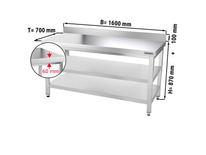 Stół roboczy PREMIUM ze stali nierdzewnej - 1600x700 mm - z półką dolną, panelem tylnym i półką pośrednią