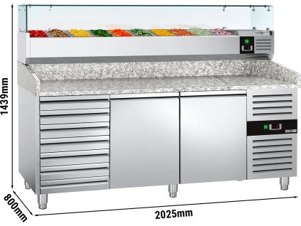 Stół chłodniczy do pizzy ECO - 2000x800mm - z 2 drzwiami i 7 szufladami - włącznie z witryną chłodniczą nadstawną - 9x GN 1/3