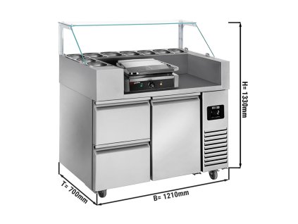 Stół przygotowawczy - 1210 mm - dla 9x GN 1/6 - 1 drzwi i 2 szuflady - włącznie z grillem kontaktowym