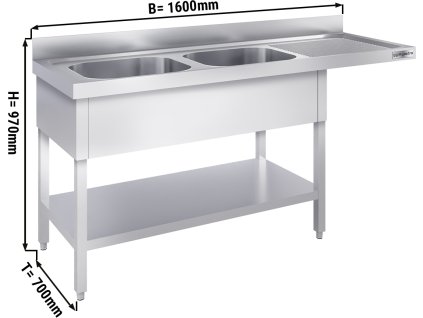 Stół zlewozmywakowy do zmywarki - 1600x700mm - z 2 zlewami po lewej stronie