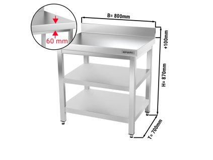 Stół roboczy PREMIUM ze stali nierdzewnej - 800x700 mm - z półką dolną, panelem tylnym i półką pośrednią