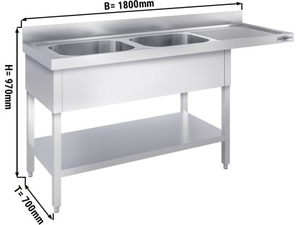 Stół zlewozmywakowy do zmywarki - 1800x700mm - z 2 zlewami po lewej stronie