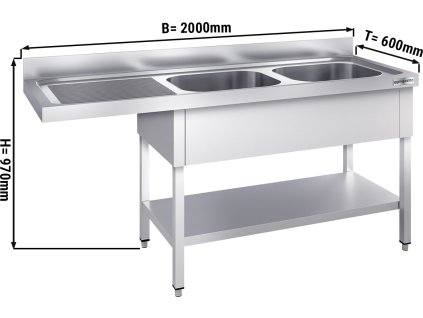 Stół zlewozmywakowy do zmywarki - 2000x600mm - z 2 zlewami po prawej stronie