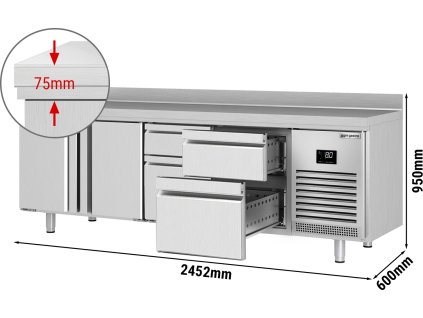 Stół chłodniczy PREMIUM PLUS - 2452x600 mm - z 2 drzwiami & 4 szufladami & panelem tylnym