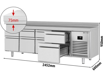 Stół chłodniczy PREMIUM PLUS - 2452x600 mm - 8 szuflad & panel tylny
