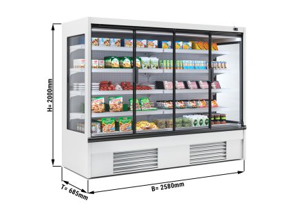 Półka chłodnicza naścienna - 2580 mm - 910 litrów - z oświetleniem LED, izolowanymi szklanymi drzwiami & 4 półkami