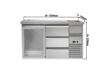 Barowy stół chłodniczy PREMIUM PLUS - 1550x700 mm - 1 szklane drzwi & 3 szuflady