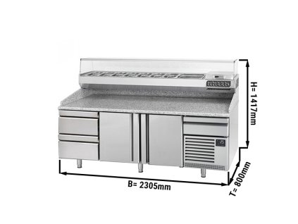 Stół chłodniczy do pizzy PREMIUM PLUS - 2305x800mm - z 2 drzwiami & 2 szufladami - włącznie z witryną chłodniczą nadstawną - 10x GN 1/3