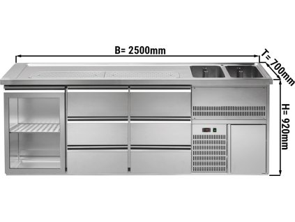 Barowy stół chłodniczy PREMIUM PLUS - 2500x700mm - 1 szklane drzwi & 6 szuflad
