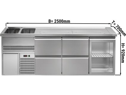 Barowy stół chłodniczy PREMIUM PLUS - 2500x700mm - 1 szklane drzwi & 4 szuflady