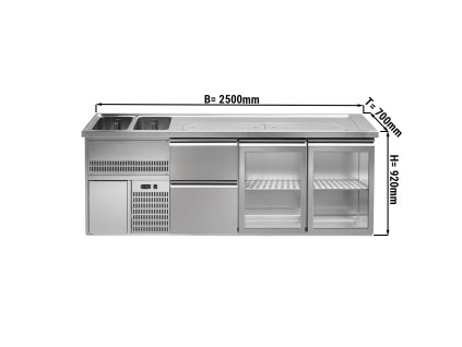 Barowy stół chłodniczy PREMIUM PLUS - 2500x700 mm - 2 szklane drzwi & 2 szuflady