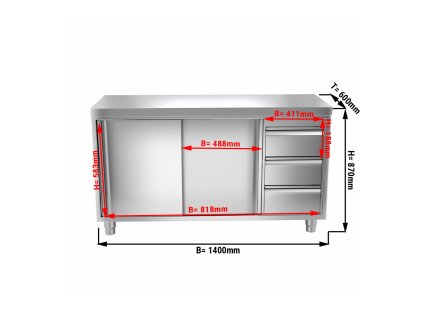 Szafka robocza PREMIUM ze stali nierdzewnej - 1400x600 mm - z 3 szufladami po prawej stronie bez panelu tylnego