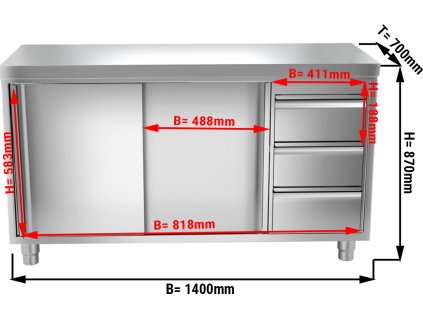 Szafka robocza PREMIUM ze stali nierdzewnej - 1400x700 mm - z 3 szufladami po prawej stronie bez panelu tylnego