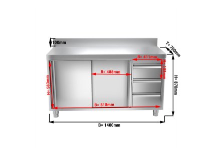 Szafka robocza PREMIUM ze stali nierdzewnej - 1400x700 mm - z 3 szufladami po prawej stronie & panelem tylnym