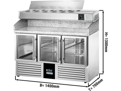 Stół chłodniczy do pizzy PREMIUM - 1400x700mm - 3 szklane drzwi - włącznie z witryną chłodniczą nadstawną - 6x GN 1/4
