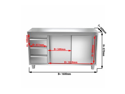 Szafka robocza PREMIUM ze stali nierdzewnej - 1600x600 mm - z 3 szufladami po lewej stronie bez panelu tylnego