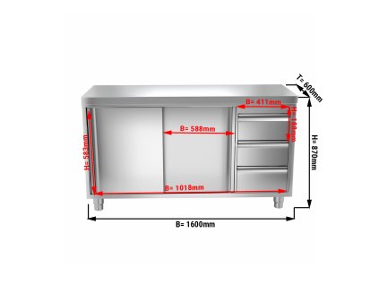 Szafka robocza PREMIUM ze stali nierdzewnej - 1600x600 mm - z 3 szufladami po prawej stronie bez panelu tylnego