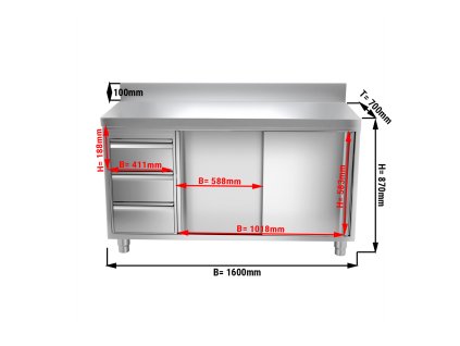Szafka robocza PREMIUM ze stali nierdzewnej - 1600x700 mm - z 3 szufladami po lewej stronie & panelem tylnym