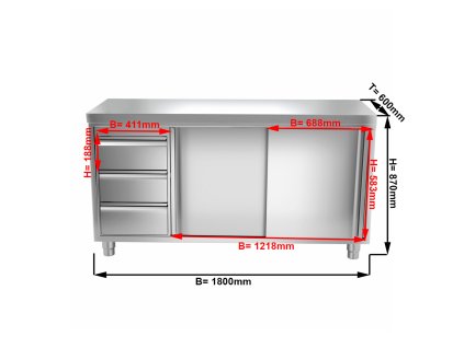 Szafka robocza PREMIUM ze stali nierdzewnej - 1800x600 mm - z 3 szufladami po lewej stronie bez panelu tylnego