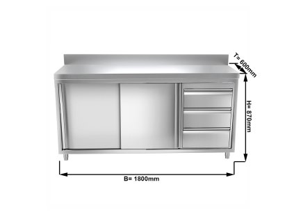 Szafka robocza PREMIUM ze stali nierdzewnej - 1800x600 mm - z 3 szufladami po prawej stronie & panelem tylnym